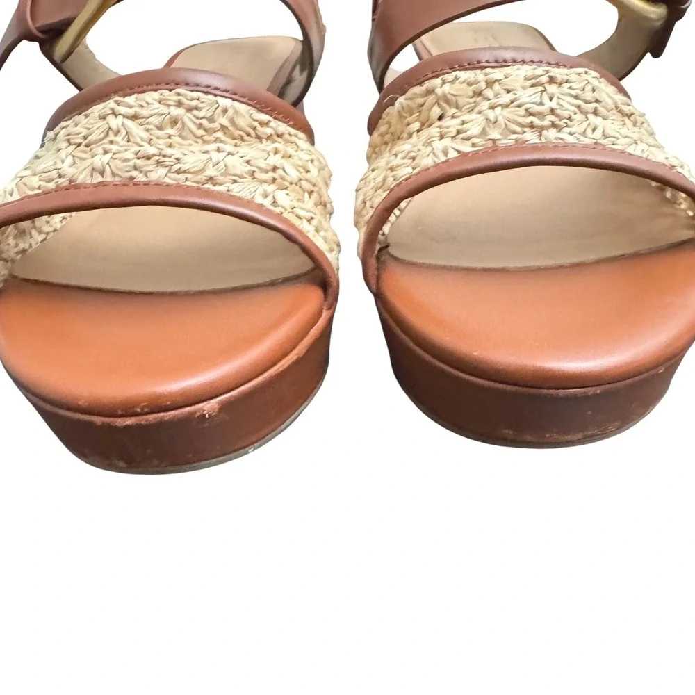 Aerosoles Chamber Raffia Platform Block Heel Sandals Natural Cognac Women's 10.5